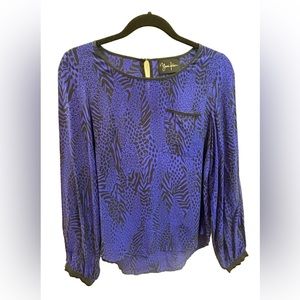 Yumi Kim Womens Blue Round Neck Animal Print 100% Silk Blouse Top Size S